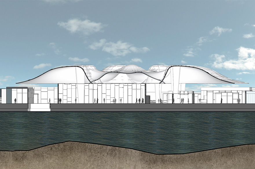Render of a building next to the marina