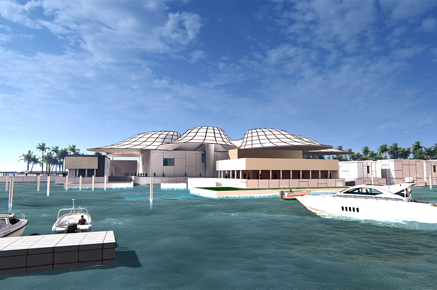 Render of a building next tot he marina