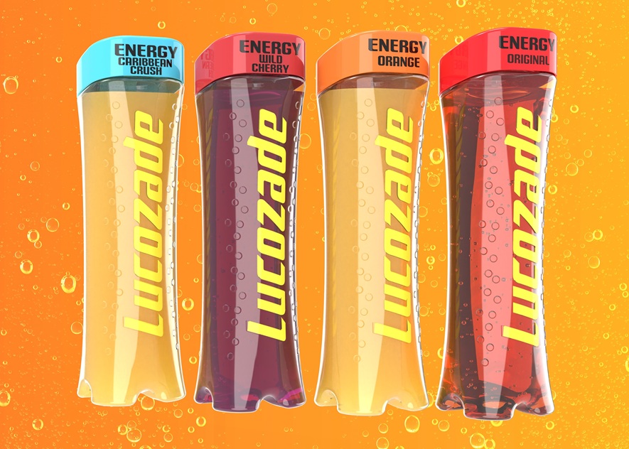 Four different flavour Lucozade bottles in a row showing a new design for the brand
