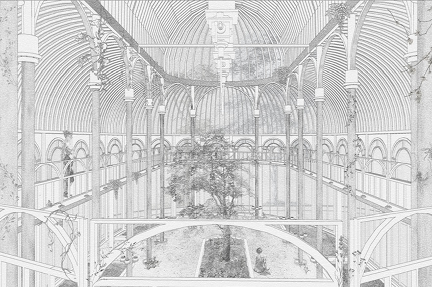 An architect's sketch of a building interior. A tree is growing in the centre.