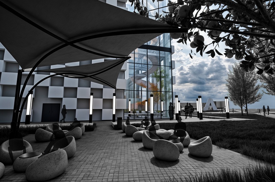 An architect's concept of the exterior of a building. There is a seating area shaded by a canopy