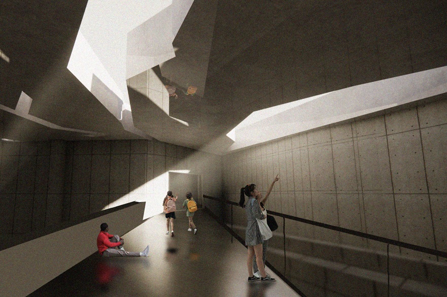 An architect's vision for a building interior. Children are in a corridor.