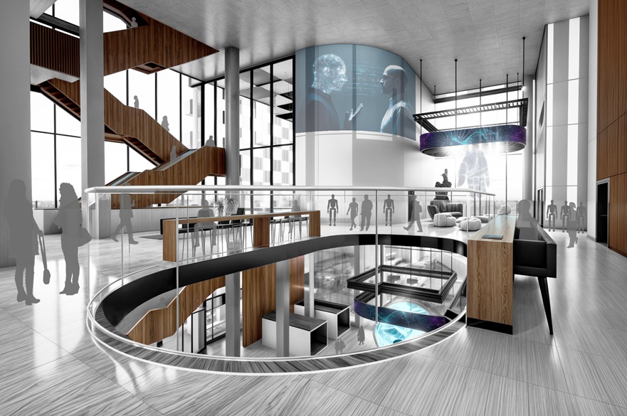 An architect's concept of the interior upper floor of a building. People are milling about. There is a holographic style image of two people conversing above them.