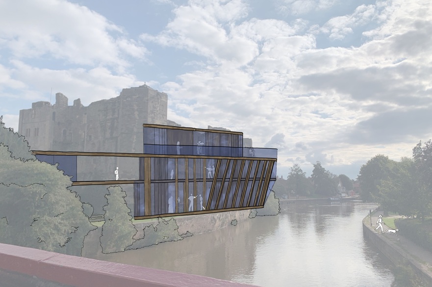 An architect's visualisation of a modern extension to a castle as viewed externally from across a river.