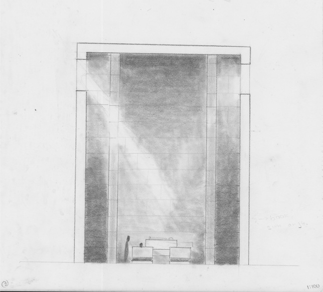 A sketch of the interior of a chapel with light coming through a small window