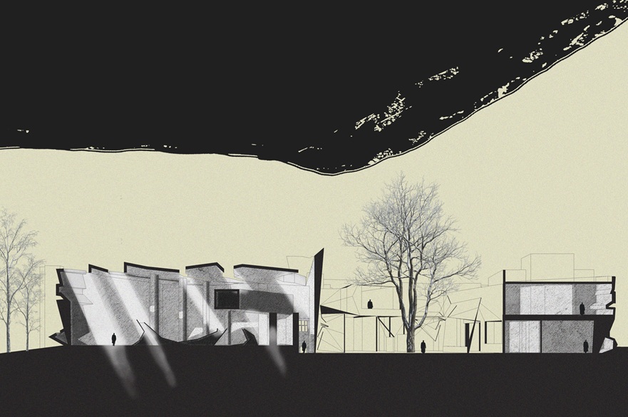 An architect's sketch of a building exterior.