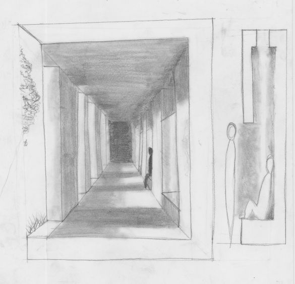 A sketch showing the view of a colonnaded path with vine growing on one of the walls