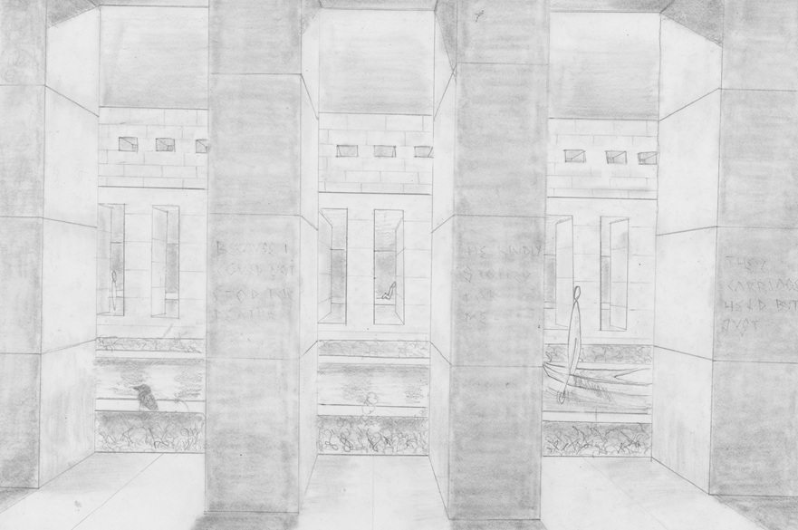 A sketch drawing of a colonnaded walkway alongside water. There is a boat on the water.