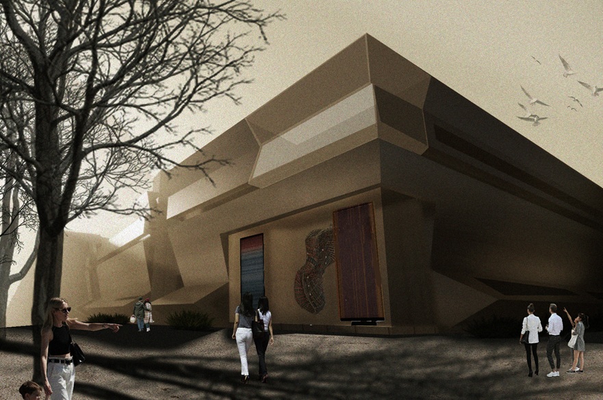 The exterior of a building. People are walking outside.