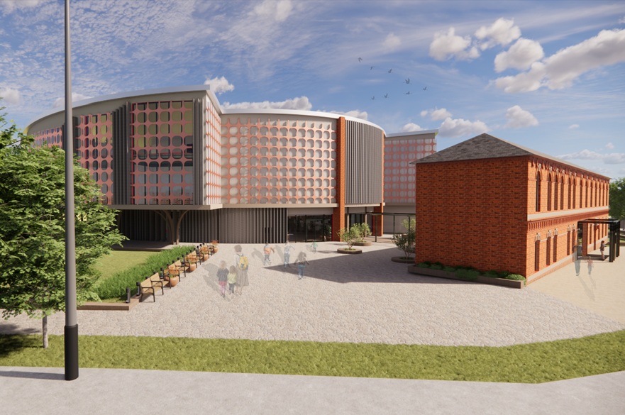 An architect's impression of a entertainment centre development on an old gasworks site. Outside the building are trees and people.