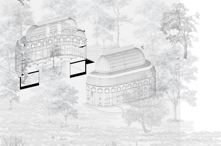 An architect's drawing of a building exterior, cross-sectioned so you can see inside.