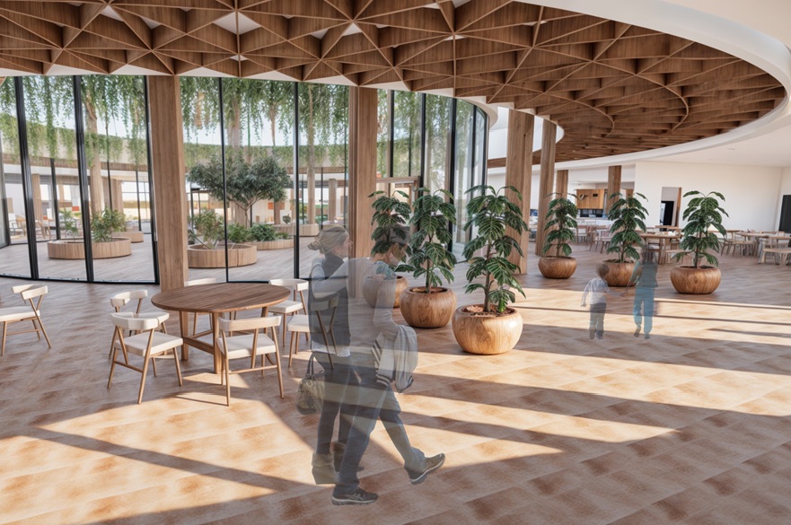 An architect's impression of a building interior. It is a circular area with chairs and tables around a smaller area that lights in natural light.