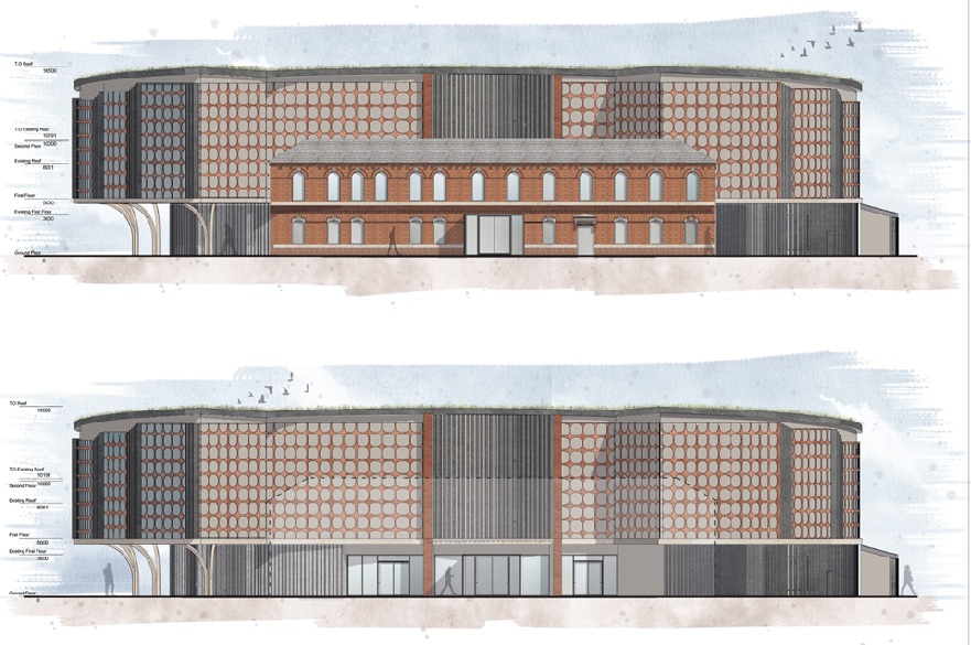 Two architect's images of the exterior of a building designed as an entertainment complex.