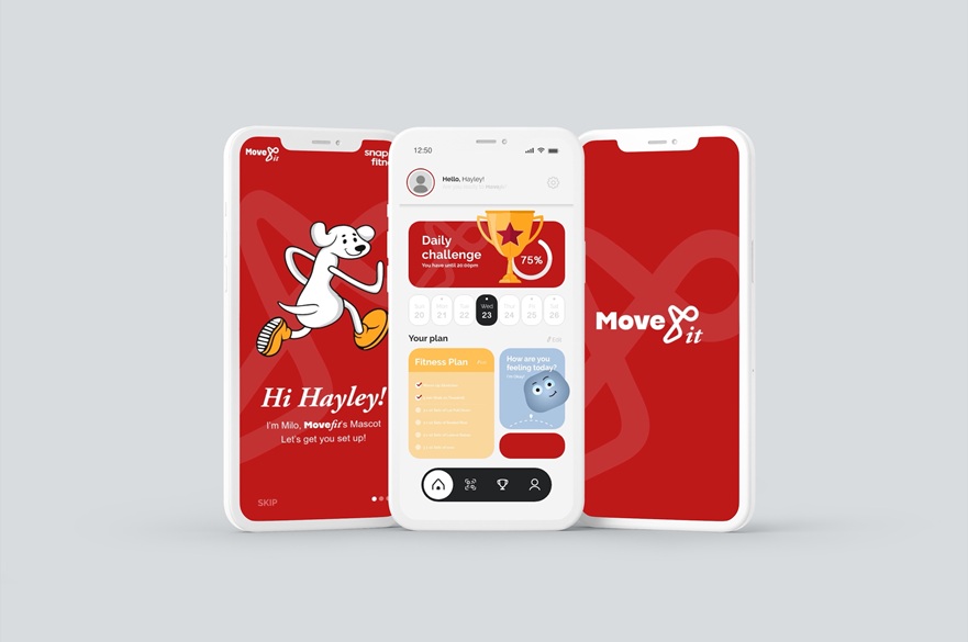 Three different screens from a fitness app displayed on mobile devices. In one there is a cartoon mouse running. The app is called Move Fit.