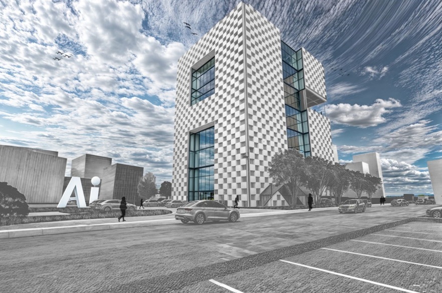 An architect's vision of a building design as viewed from outside in the parking area. There is a blue sky and a person is walking towards the building.