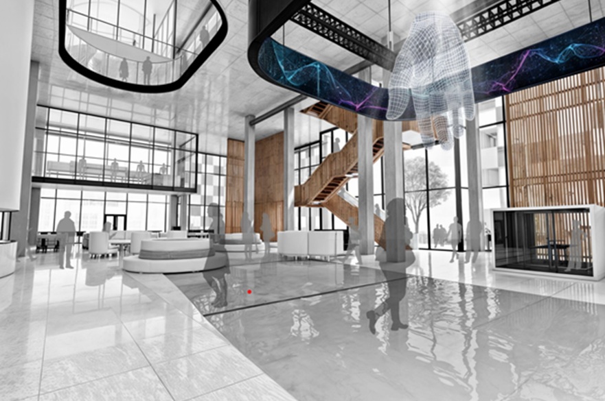 An architect's conceptual image of the ground floor of a building. People are walking through the airy space. A holographic hand floats above them.