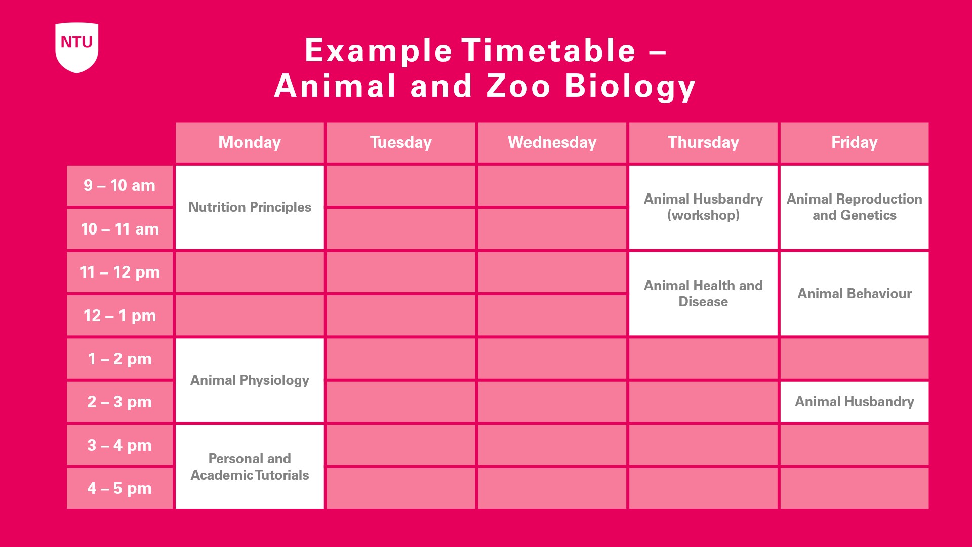 An example timetable for a first year Animal, or Zoo Biology student