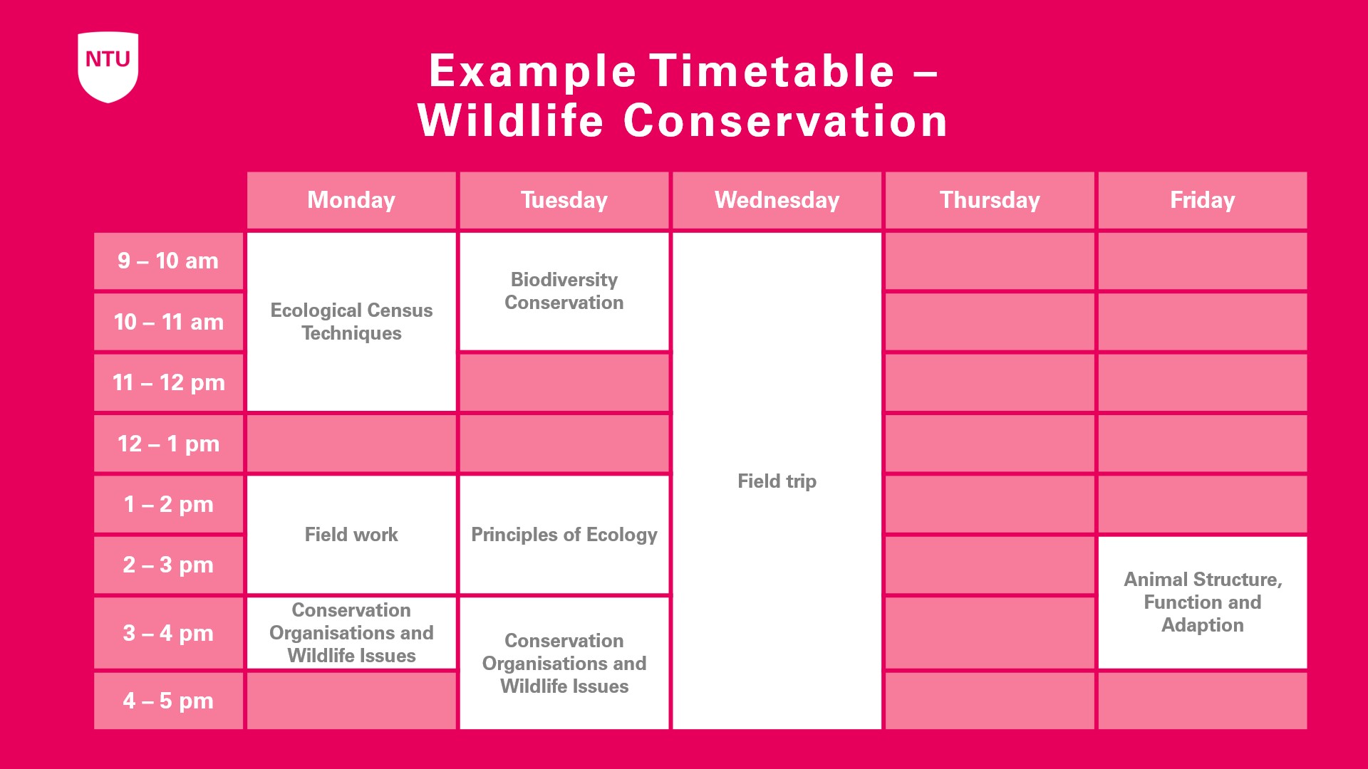 An example timetable for a first year Wildlife Conservation student