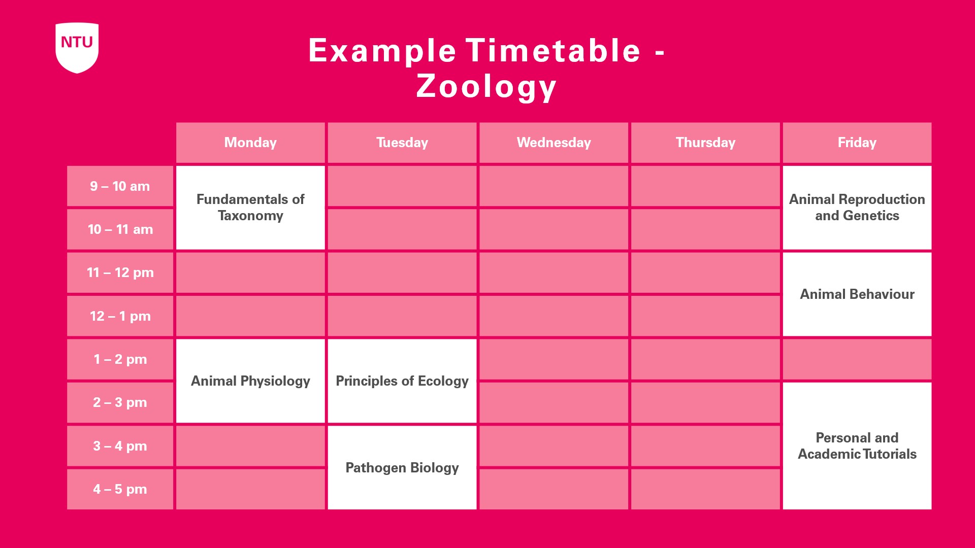 An example timetable for a first year Zoology student
