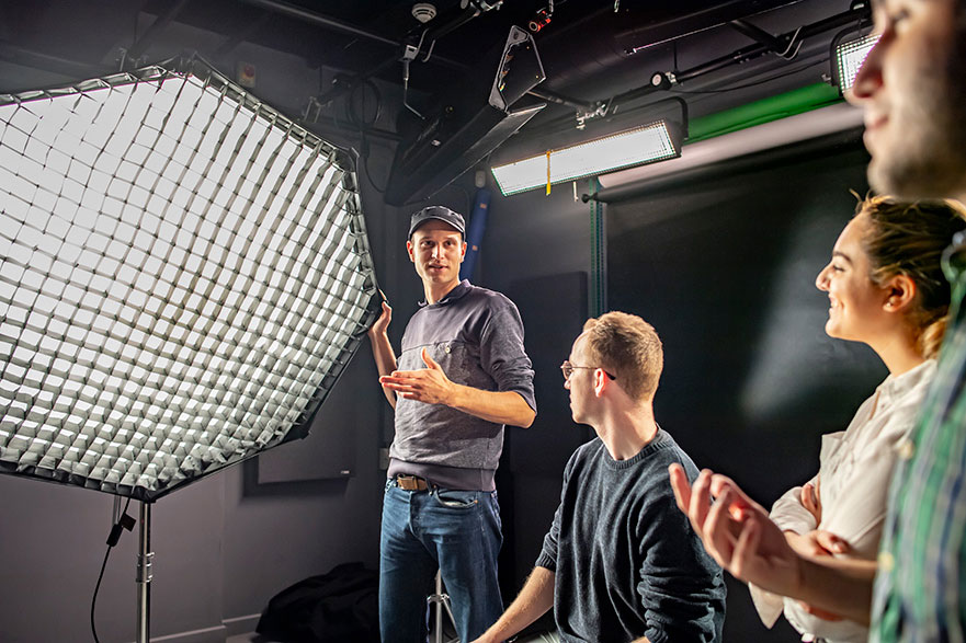 Photography studio with people talking