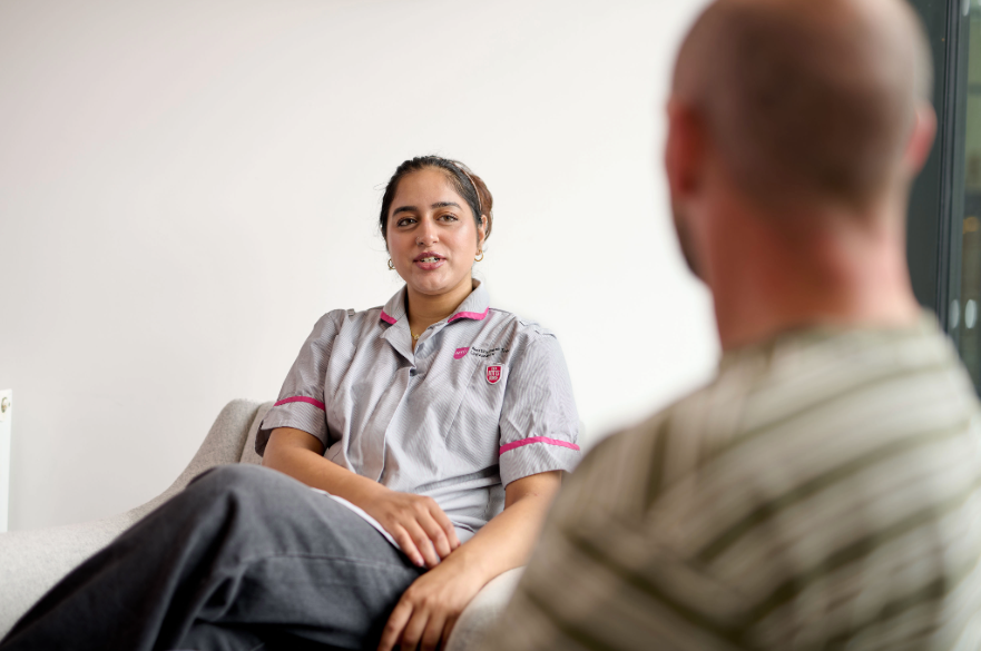 Two nursing students in conversation in the HAP Centre at Clifton Campus