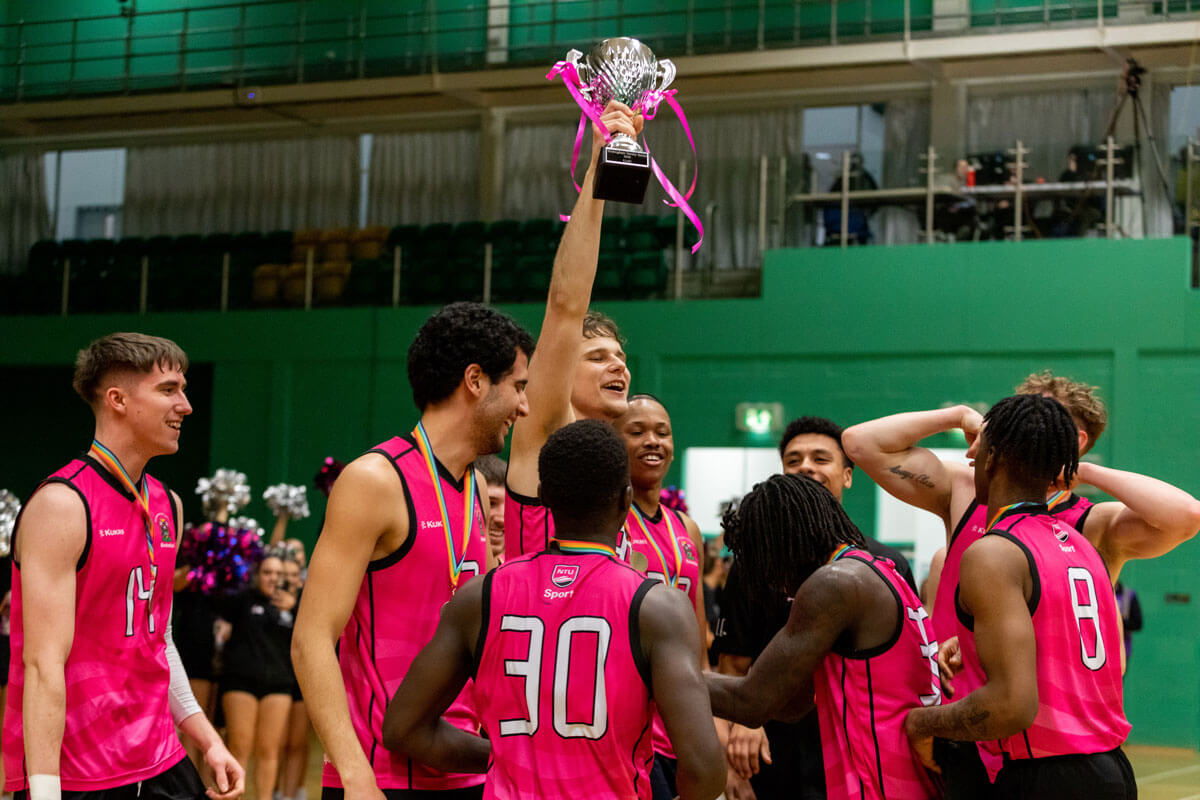 NTU Basketball players celebrating their win at Varsity