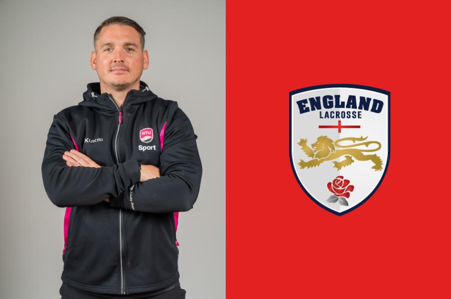NTU Lacrosse coach Sam Patterson standing facing the camera with his arms crossed, next to the Logo of England Lacrosse 