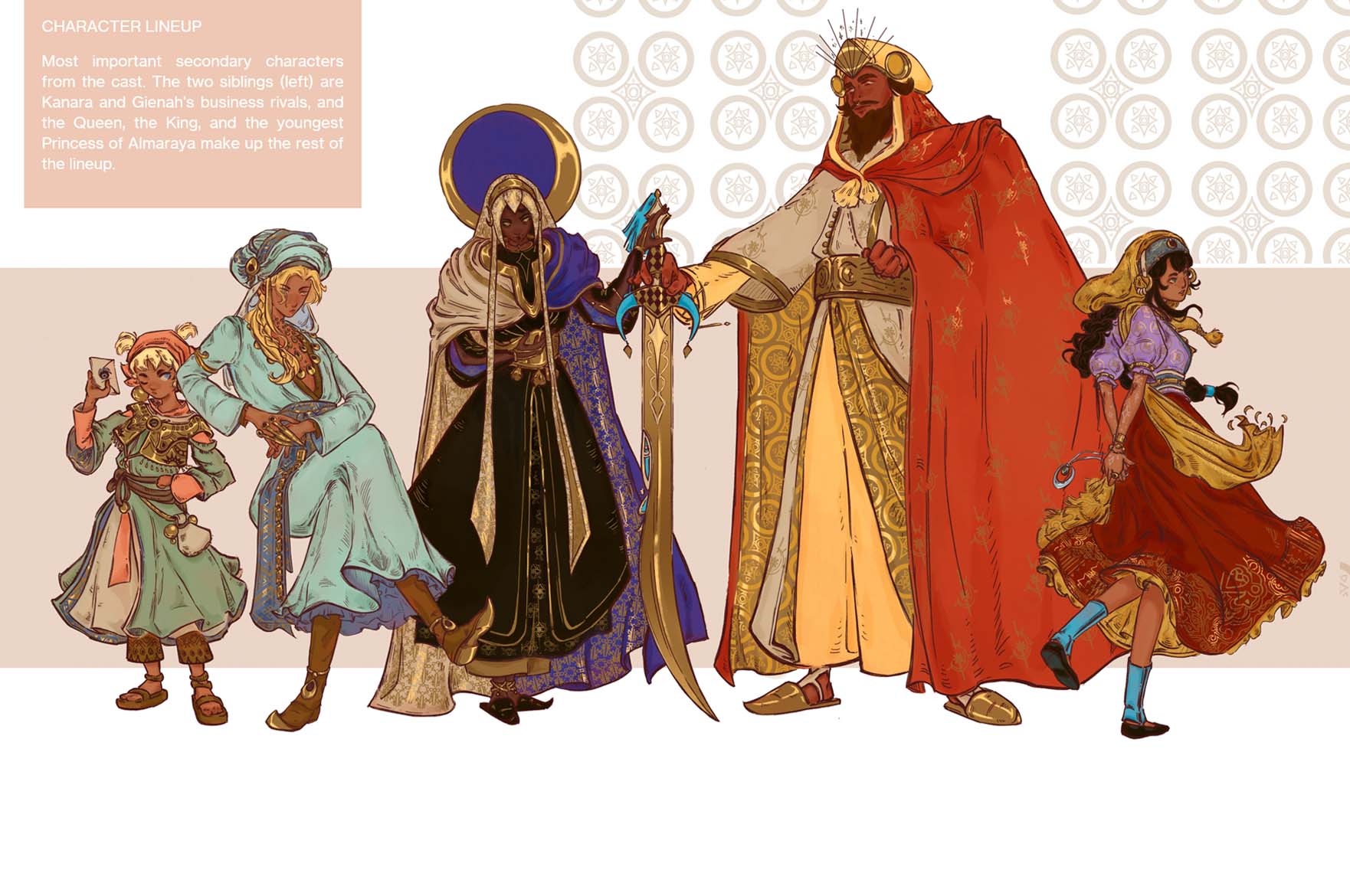 Concept art of 5 characters in fantasy genre clothing