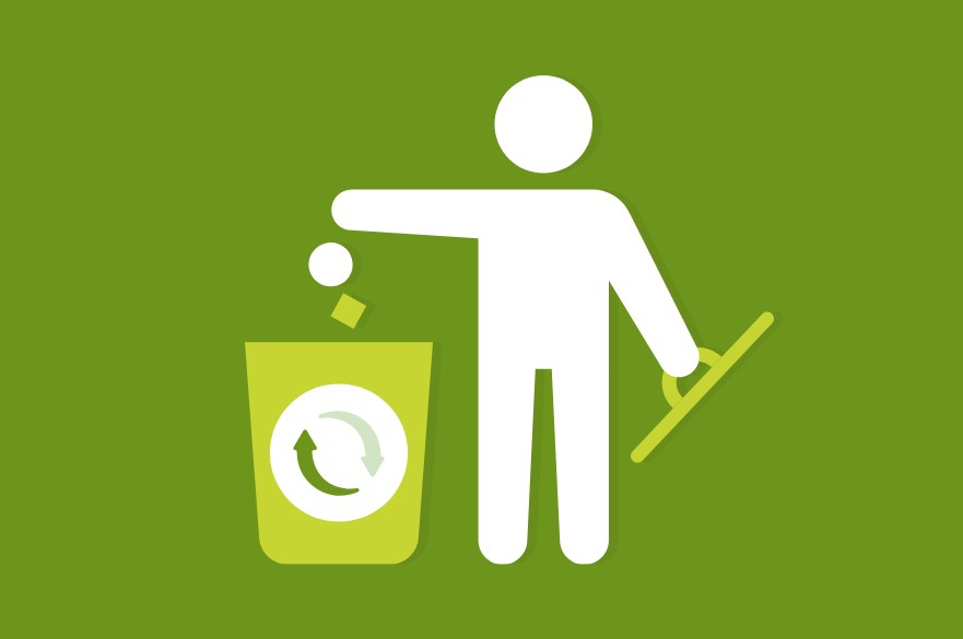 A stick man putting rubbish in a recycling bin