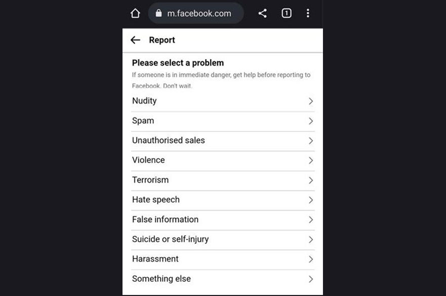 screenshot of Reporting something on Facebook