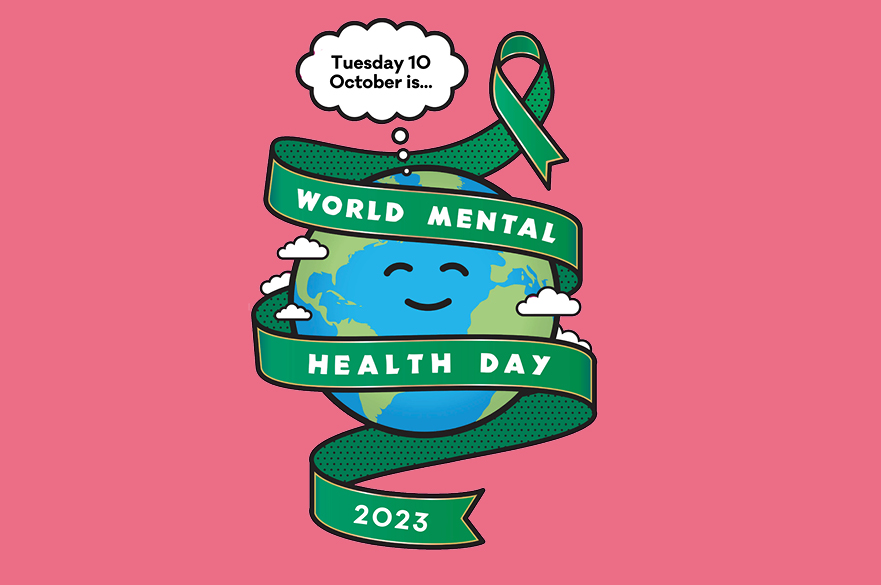 Picture of a globe with a ribbon wrapped around it which says World Mental Health Day 2023