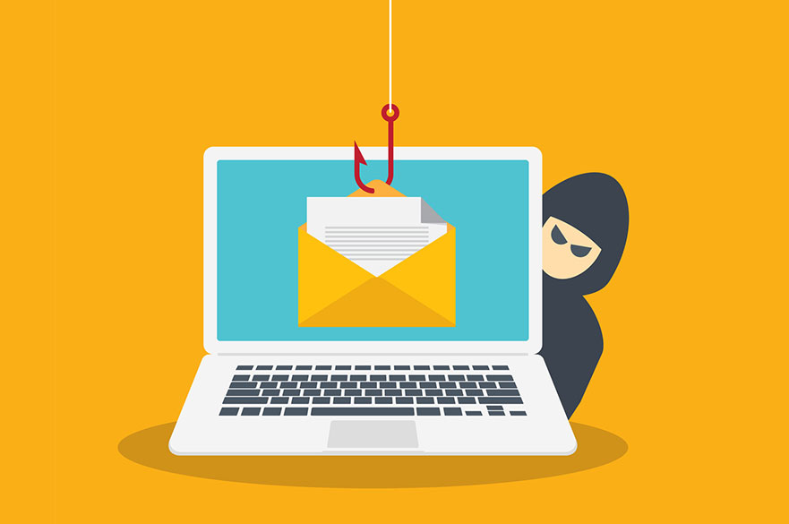 A graphic of a laptop with a phishing hook and email