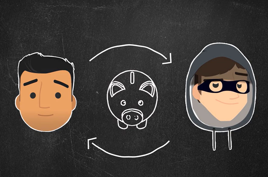 Graphic of a criminal and a individual and money
