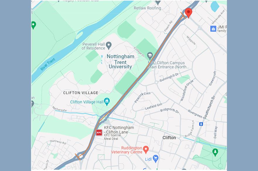 Map showing which section of the A453 is closed