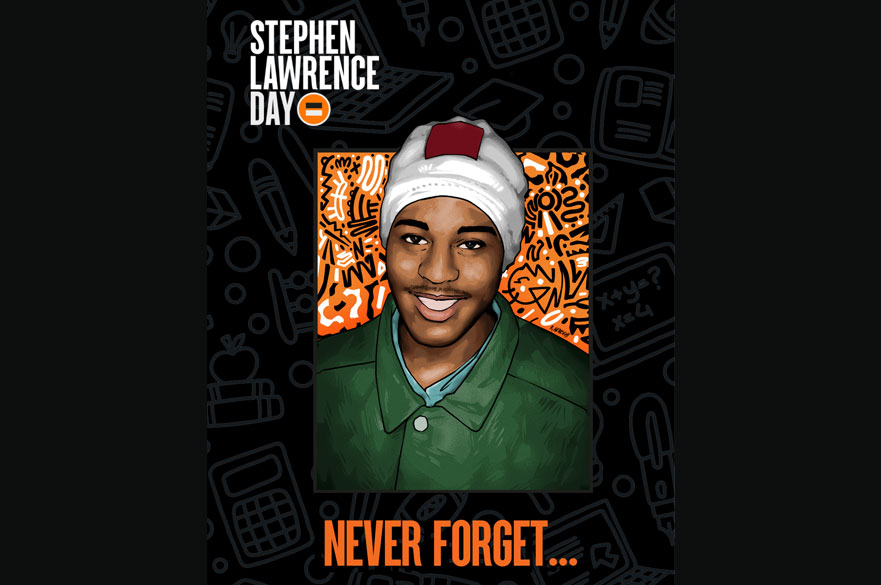 An icon showing an image of Stephen Lawrence and the words 'never forget'