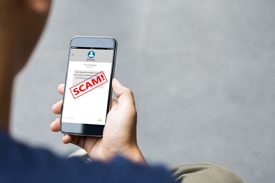 A personal holds a phone with the word 'scam' on the screen