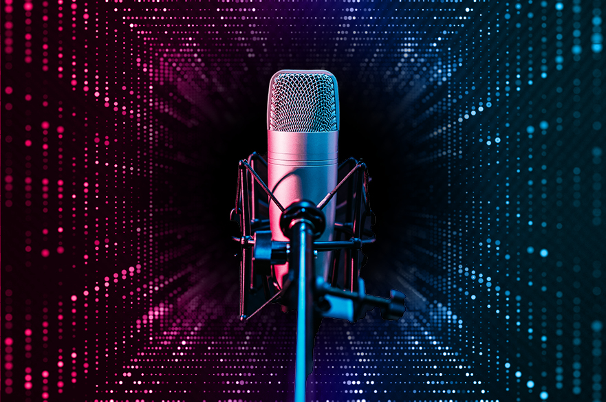 A microphone on a pink and black background