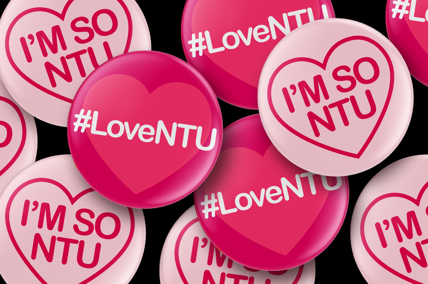 Black illustration with pink buttons showing the text #LoveNTU and I'm so NTU